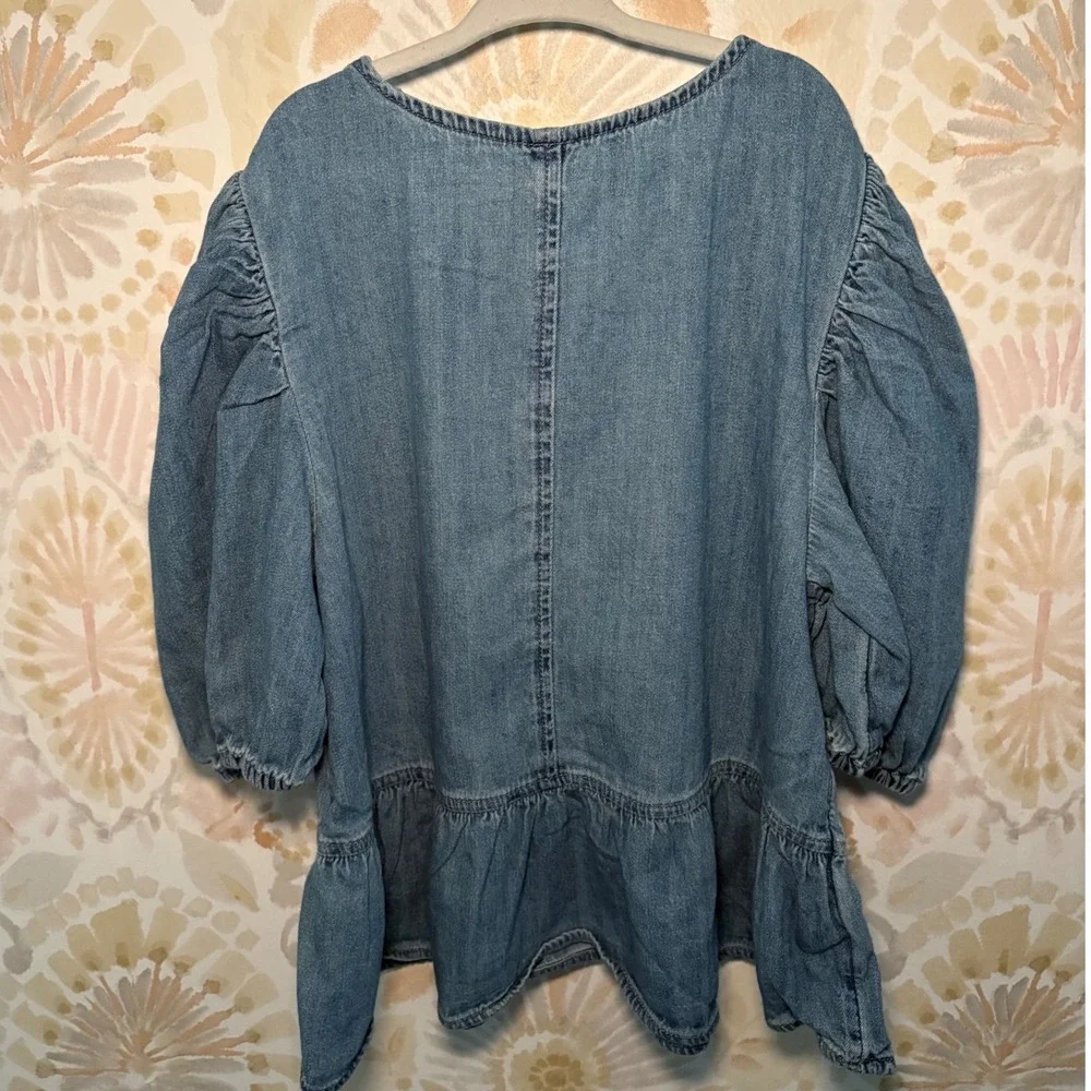 Gap Kids Girls Blue Denim Bow Front Peplum Puff Sleeve Top XXL 14-16